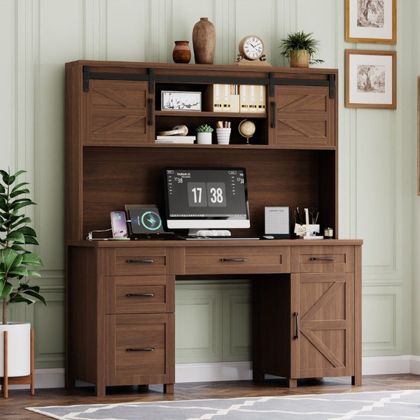 English Elm Farmhouse Executive Desk with Hutch Barn Doors Charging Station and File Storage Walnut N733S459652L