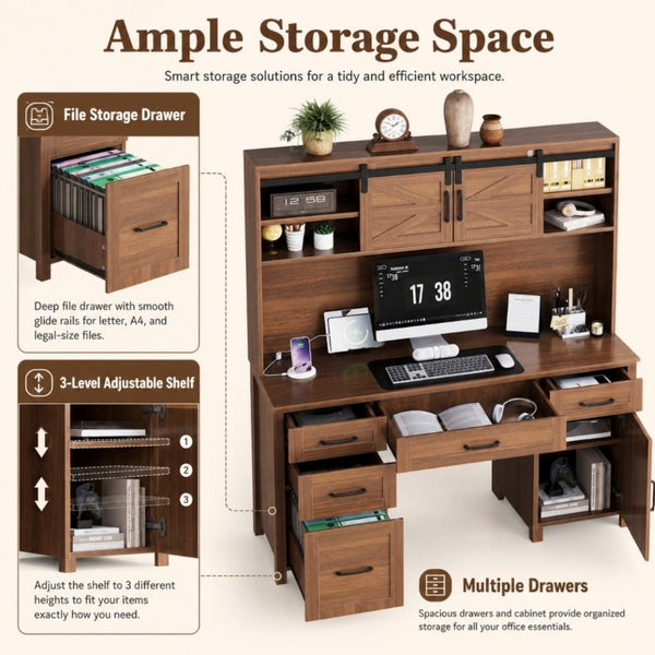 English Elm Farmhouse Executive Desk with Hutch Barn Doors Charging Station and File Storage Walnut N733S459652L