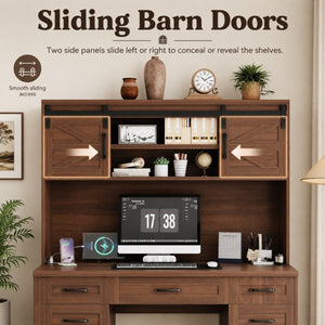 English Elm Farmhouse Executive Desk with Hutch Barn Doors Charging Station and File Storage Walnut N733S459652L