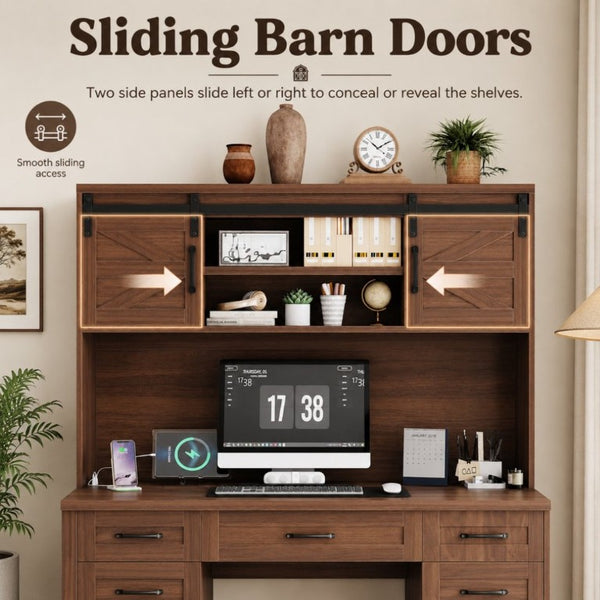 English Elm Farmhouse Executive Desk with Hutch Barn Doors Charging Station and File Storage Walnut N733S459652L