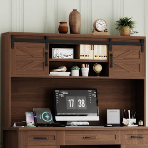 English Elm Farmhouse Executive Desk with Hutch Barn Doors Charging Station and File Storage Walnut N733S459652L