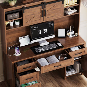 English Elm Farmhouse Executive Desk with Hutch Barn Doors Charging Station and File Storage Walnut N733S459652L