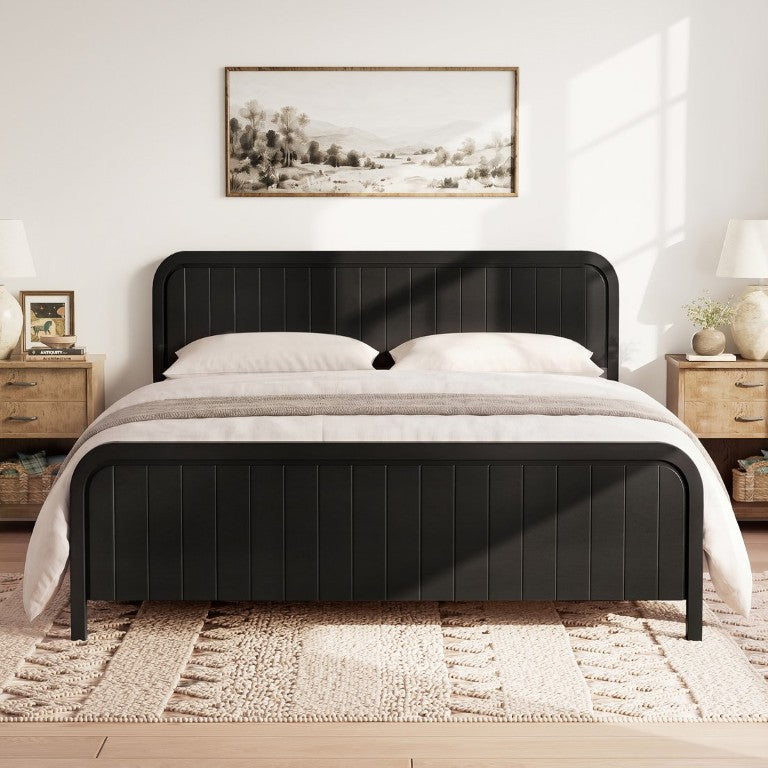 English Elm Queen Platform Bed Natural Pine Wood Frame with Slatted Base and Understated Headboard Black King N733S460484B