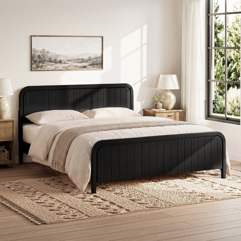 English Elm Queen Platform Bed Natural Pine Wood Frame with Slatted Base and Understated Headboard Black King N733S460484B