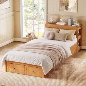 English Elm Twin Platform Bed with Built-In Desk Footboard Drawers and Walnut Wood Finish Walnut 94.1 L x 43.1 W x 31.1 H N733S462255L