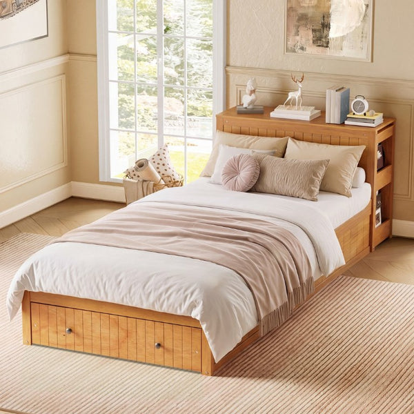 English Elm Twin Platform Bed with Built-In Desk Footboard Drawers and Walnut Wood Finish Walnut 94.1 L x 43.1 W x 31.1 H N733S462255L