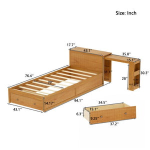 English Elm Twin Platform Bed with Built-In Desk Footboard Drawers and Walnut Wood Finish Walnut 94.1 L x 43.1 W x 31.1 H N733S462255L