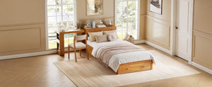 English Elm Twin Platform Bed with Built-In Desk Footboard Drawers and Walnut Wood Finish Walnut 94.1 L x 43.1 W x 31.1 H N733S462255L