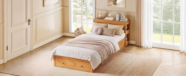 English Elm Twin Platform Bed with Built-In Desk Footboard Drawers and Walnut Wood Finish Walnut 94.1 L x 43.1 W x 31.1 H N733S462255L