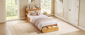 English Elm Twin Platform Bed with Built-In Desk Footboard Drawers and Walnut Wood Finish Walnut 94.1 L x 43.1 W x 31.1 H N733S462255L