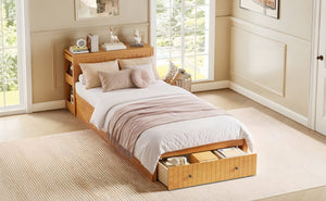 English Elm Twin Platform Bed with Built-In Desk Footboard Drawers and Walnut Wood Finish Walnut 94.1 L x 43.1 W x 31.1 H N733S462255L
