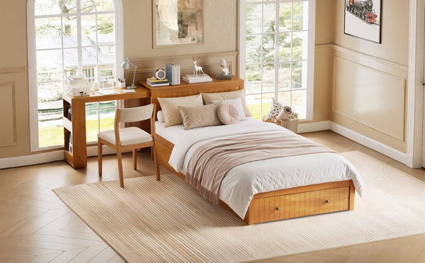 English Elm Twin Platform Bed with Built-In Desk Footboard Drawers and Walnut Wood Finish Walnut 94.1 L x 43.1 W x 31.1 H N733S462255L