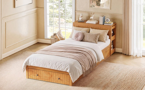 English Elm Twin Platform Bed with Built-In Desk Footboard Drawers and Walnut Wood Finish Walnut 94.1 L x 43.1 W x 31.1 H N733S462255L
