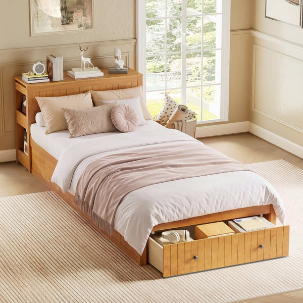 English Elm Twin Platform Bed with Built-In Desk Footboard Drawers and Walnut Wood Finish Walnut 94.1 L x 43.1 W x 31.1 H N733S462255L
