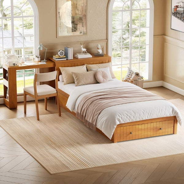 English Elm Twin Platform Bed with Built-In Desk Footboard Drawers and Walnut Wood Finish Walnut 94.1 L x 43.1 W x 31.1 H N733S462255L