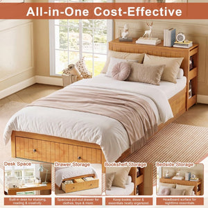 English Elm Twin Platform Bed with Built-In Desk Footboard Drawers and Walnut Wood Finish Walnut 94.1 L x 43.1 W x 31.1 H N733S462255L