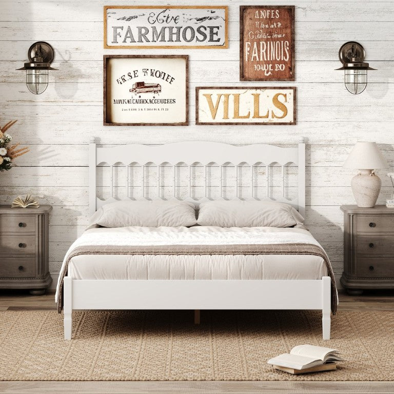English Elm Countryside Queen Platform Bed Spindle Headboard Matte Farmhouse Rubberwood Frame 800 Lb White N733S467293K