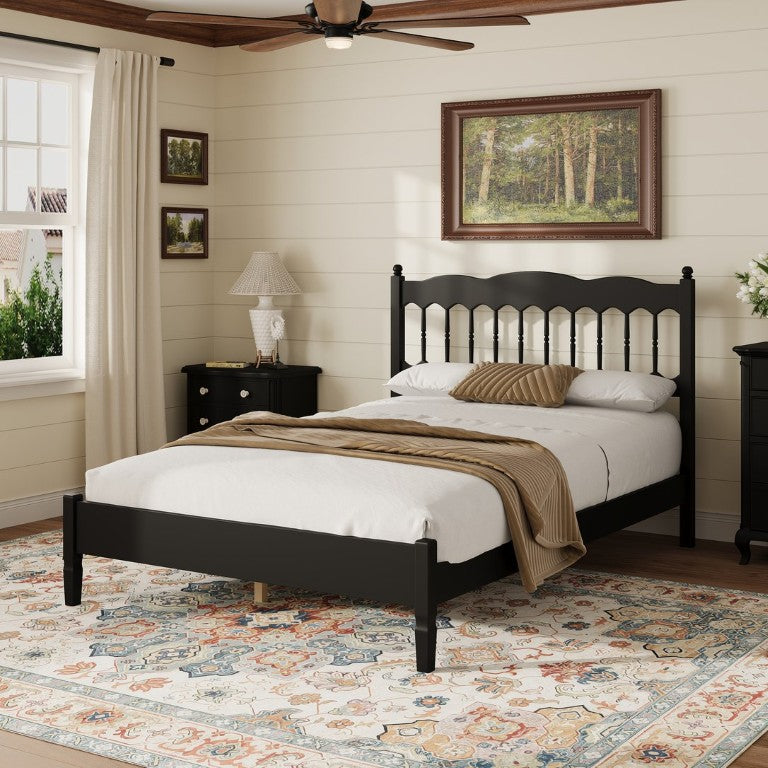 English Elm Countryside Full Spindle Platform Bed Rubberwood Frame Cottage Farmhouse Bedroom Black N733S467305B