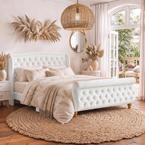 English Elm Queen Velvet Sleigh Platform Bed Wingback Tufted Headboard Carved Legs Elegant Bedroom Beige N733S485981A
