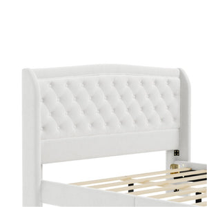English Elm Queen Velvet Sleigh Platform Bed Wingback Tufted Headboard Carved Legs Elegant Bedroom Beige N733S485981A