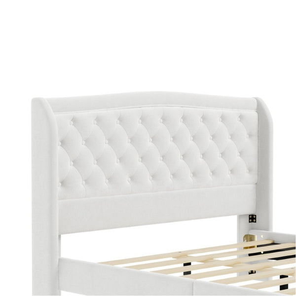 English Elm Queen Velvet Sleigh Platform Bed Wingback Tufted Headboard Carved Legs Elegant Bedroom Beige N733S485981A