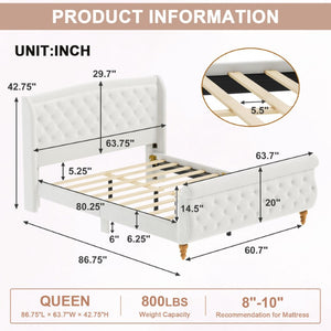 English Elm Queen Velvet Sleigh Platform Bed Wingback Tufted Headboard Carved Legs Elegant Bedroom Beige N733S485981A
