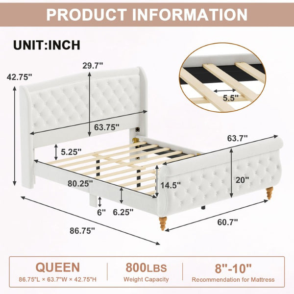 English Elm Queen Velvet Sleigh Platform Bed Wingback Tufted Headboard Carved Legs Elegant Bedroom Beige N733S485981A