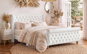 English Elm Queen Velvet Sleigh Platform Bed Wingback Tufted Headboard Carved Legs Elegant Bedroom Beige N733S485981A