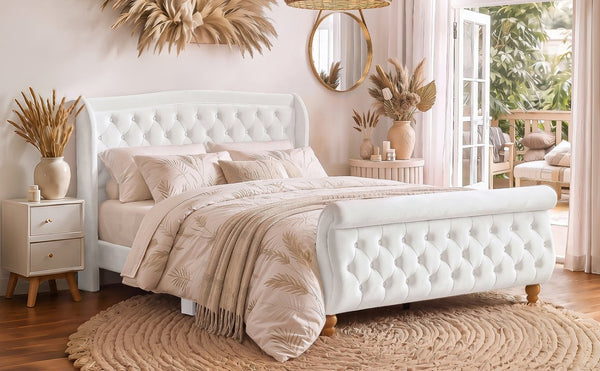 English Elm Queen Velvet Sleigh Platform Bed Wingback Tufted Headboard Carved Legs Elegant Bedroom Beige N733S485981A