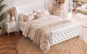 English Elm Queen Velvet Sleigh Platform Bed Wingback Tufted Headboard Carved Legs Elegant Bedroom Beige N733S485981A