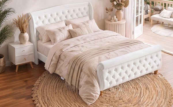 English Elm Queen Velvet Sleigh Platform Bed Wingback Tufted Headboard Carved Legs Elegant Bedroom Beige N733S485981A