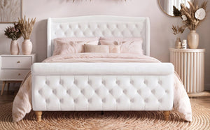 English Elm Queen Velvet Sleigh Platform Bed Wingback Tufted Headboard Carved Legs Elegant Bedroom Beige N733S485981A