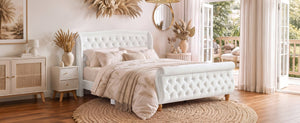 English Elm Queen Velvet Sleigh Platform Bed Wingback Tufted Headboard Carved Legs Elegant Bedroom Beige N733S485981A