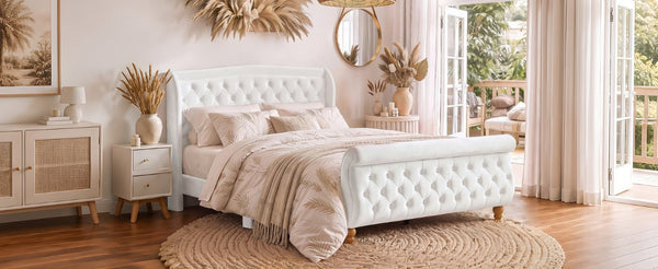English Elm Queen Velvet Sleigh Platform Bed Wingback Tufted Headboard Carved Legs Elegant Bedroom Beige N733S485981A