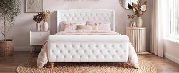 English Elm Queen Velvet Sleigh Platform Bed Wingback Tufted Headboard Carved Legs Elegant Bedroom Beige N733S485981A