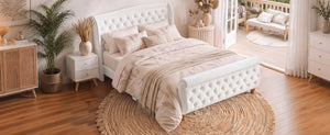 English Elm Queen Velvet Sleigh Platform Bed Wingback Tufted Headboard Carved Legs Elegant Bedroom Beige N733S485981A