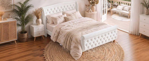 English Elm Queen Velvet Sleigh Platform Bed Wingback Tufted Headboard Carved Legs Elegant Bedroom Beige N733S485981A