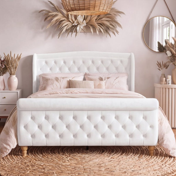 English Elm Queen Velvet Sleigh Platform Bed Wingback Tufted Headboard Carved Legs Elegant Bedroom Beige N733S485981A