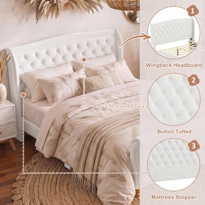 English Elm Queen Velvet Sleigh Platform Bed Wingback Tufted Headboard Carved Legs Elegant Bedroom Beige N733S485981A