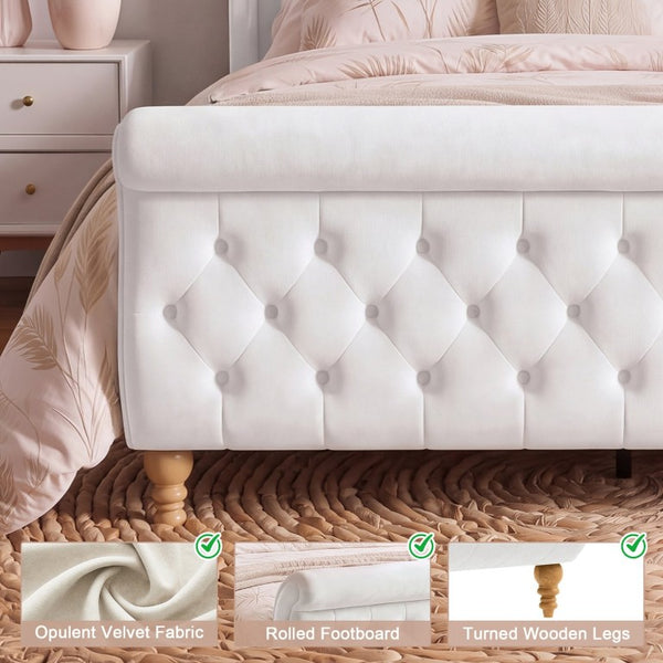 English Elm Queen Velvet Sleigh Platform Bed Wingback Tufted Headboard Carved Legs Elegant Bedroom Beige N733S485981A