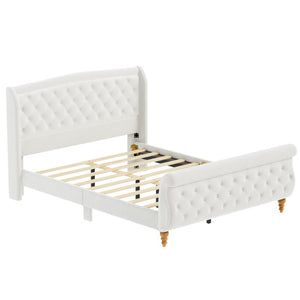 English Elm Queen Velvet Sleigh Platform Bed Wingback Tufted Headboard Carved Legs Elegant Bedroom Beige N733S485981A