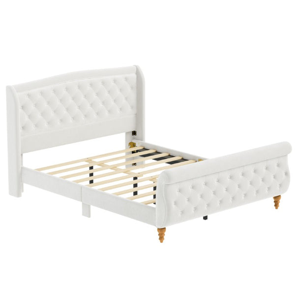 English Elm Queen Velvet Sleigh Platform Bed Wingback Tufted Headboard Carved Legs Elegant Bedroom Beige N733S485981A