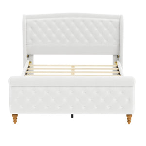 English Elm Queen Velvet Sleigh Platform Bed Wingback Tufted Headboard Carved Legs Elegant Bedroom Beige N733S485981A