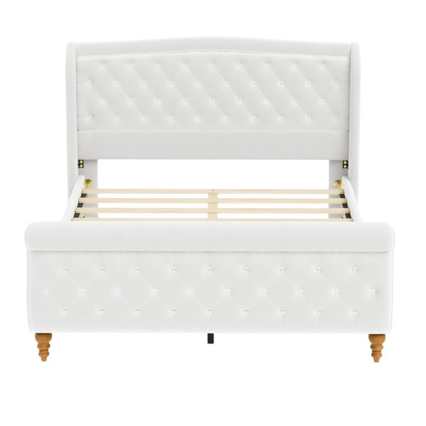 English Elm Queen Velvet Sleigh Platform Bed Wingback Tufted Headboard Carved Legs Elegant Bedroom Beige N733S485981A