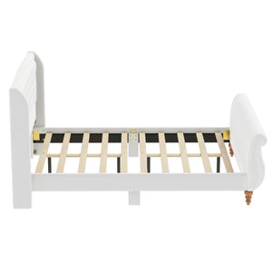 English Elm Queen Velvet Sleigh Platform Bed Wingback Tufted Headboard Carved Legs Elegant Bedroom Beige N733S485981A