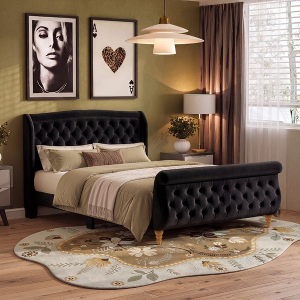 English Elm Queen Velvet Sleigh Platform Bed Wingback Tufted Headboard Carved Legs Elegant Bedroom Black N733S485981B