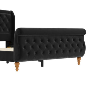 English Elm Queen Velvet Sleigh Platform Bed Wingback Tufted Headboard Carved Legs Elegant Bedroom Black N733S485981B