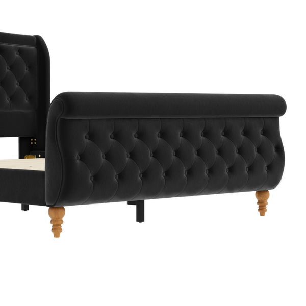 English Elm Queen Velvet Sleigh Platform Bed Wingback Tufted Headboard Carved Legs Elegant Bedroom Black N733S485981B