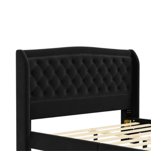English Elm Queen Velvet Sleigh Platform Bed Wingback Tufted Headboard Carved Legs Elegant Bedroom Black N733S485981B