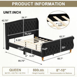 English Elm Queen Velvet Sleigh Platform Bed Wingback Tufted Headboard Carved Legs Elegant Bedroom Black N733S485981B
